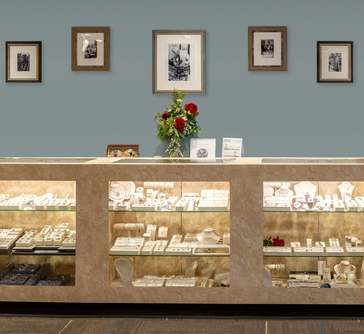 Jewelry display cases at R.E. Saxon Jeweler in Weirton, WV